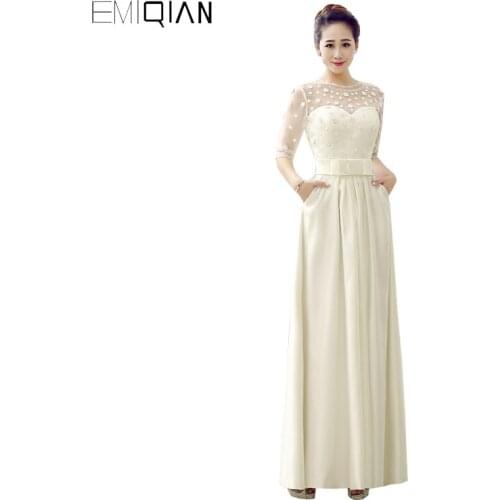 Original Design Gorgeous Long Sleeve O Neck Satin Lace Prom Party Dresses with Pockets
