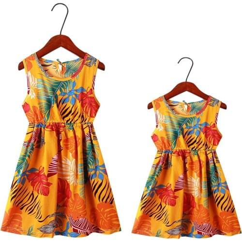 Gorgeous Color Fashion Floral Mom and Daughter Matching Clothes Kids Dresses Family Holiday Outfits Sleeveless Cotton Dressing