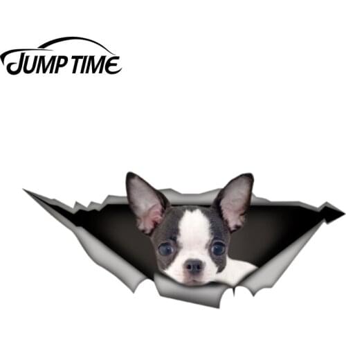 Jump Time 13cm x 5.1cm chihuahua Sticker Torn Metal Bumper Decal Funny Car Stickers Window Trunk Animal 3D Car Styling