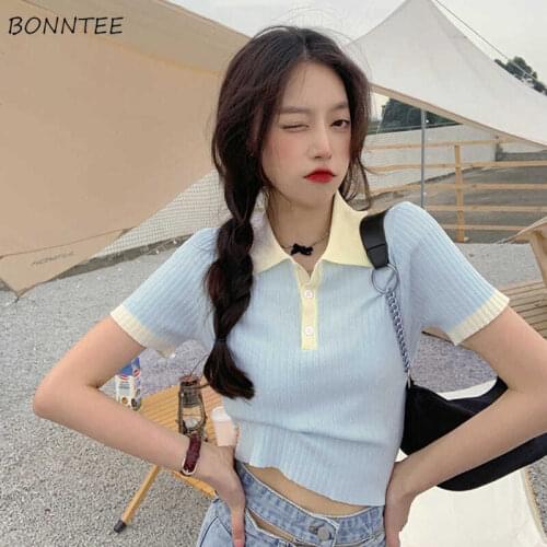 Short Sleeve T-shirts Women Patchwork Korean Style Turn Down Collar Casual Summer Cropped Design Lovely Temperament Preppy Chic