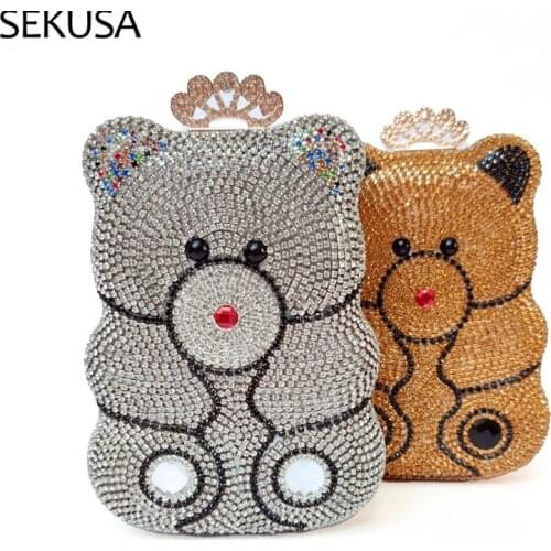Bear Shaped Women Day Clutch Luxurious Crown Metal Diamonds Evening Bags Silver Gold Color Wedding Bridal Handbags