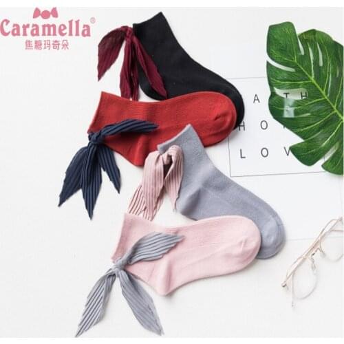 Caramella Women Socks Big Satin Bow Decoration Short Socks Soft Cotton Funny Cute Causal Ladies Socks Campus Style Girls Socks