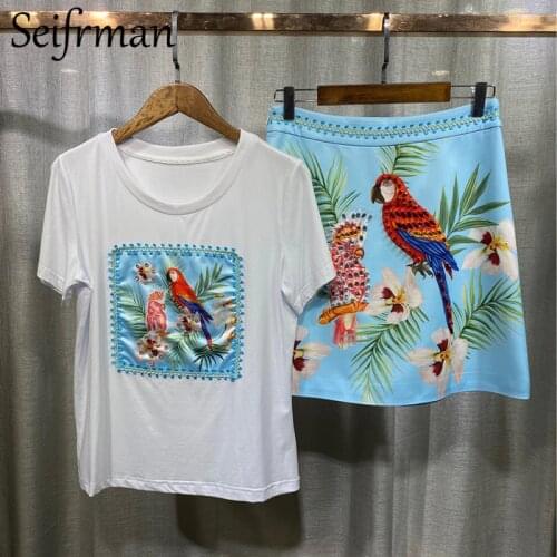 Seifrmann New 2021 Summer Women Fashion Designer Skirt Set Short Sleeve Loose Tops + High Waist Gorgeous Crystal Mini Skirts