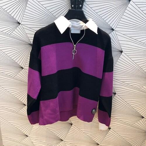 Patads French womens wear autumn and winter stand collar casual contrast color striped sweater zipper sweater lady s2681h
