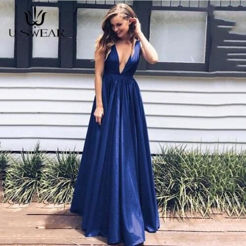 Sexy Blue Sleeveless Evening Prom Dresses Satin Long Evening Gown Deep V-Neck Dubai Party Dress Formal Gowns Abendkleider