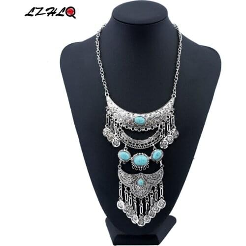 LZHLQ Fashion Female Bohemia Necklace Vintage Carving Blue Stone Multilayer Tassel Necklaces Women Chain Jewelry Accessories