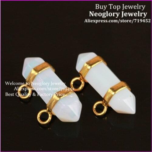 10PCS Healing Chakra Druzy Stone Stone Pendant Gold Color 2 Holes Opal Opalite Gems Hexagon Prism Bead Pendant Fit Necklace