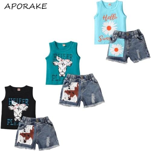 2021 0-5Y Casual Kids Baby Boy Girl Clothes Set Cow Letter Print Sleeveless Top Vest+Sunflower Denim Shorts Summer Outfits 2pcs