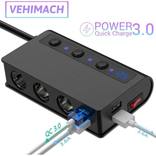 3 Way Cigarette Lighter Splitter QC 3.0 Quick Charge 12V/24V Universal Independent Switch Power Adapter 4 USB Ports Car Charger