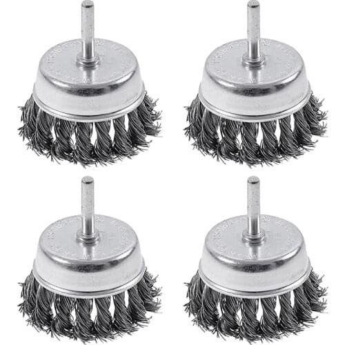 4 Pack Wire Cup Knotted Brush with 1/4-Inch Round Shank,3 Inch Wire Drill Brush Set for Removal of Rust/Corrosion/Paint