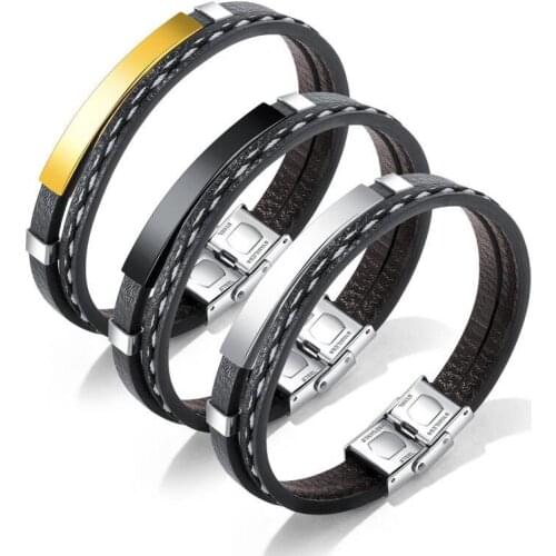 2019 New Men Multi-layer Leather Bracelets for Women Stylish Stainless Steel ID Tag Cuff Bangle Unisex Jewelry Accessory