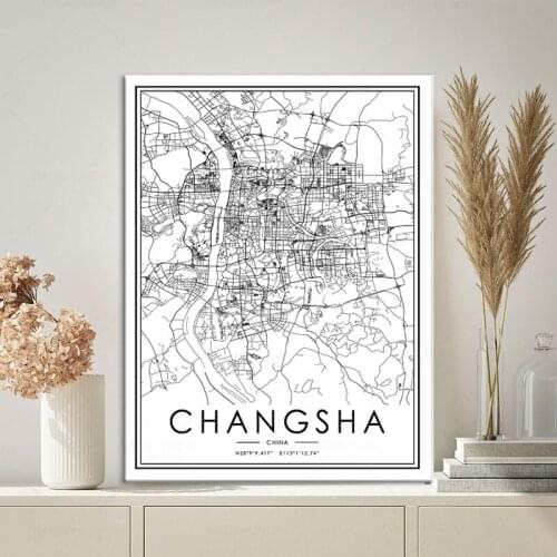 Black and white Posters CHANGSHA map wall art canvas painting hd print for Living room Bedroom Bar Cafe Home Decoration framed