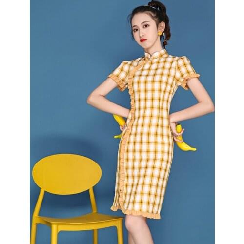 Plaid Cheongsam Summer New Womens Small Fresh Girl Young Fashion Casual Improved Dress