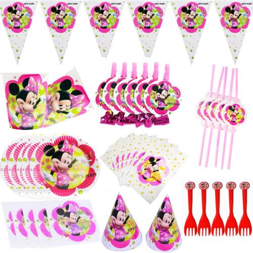 Disney Minnie Mouse Cartoon Theme Party Disposable Tableware Set Paper Cup Plate Birthday Party Decorations Supplies Baby Shower