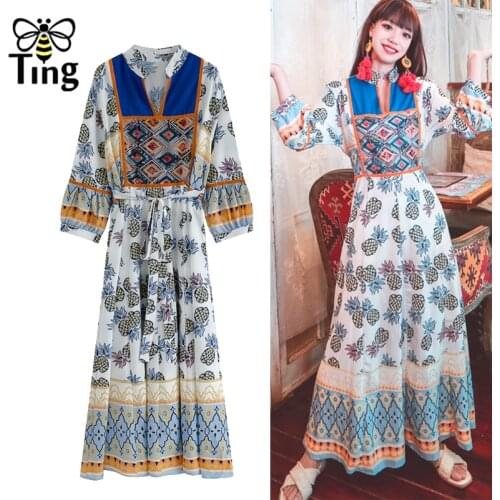 Tingfly Bohemian Floral Maxi Long Dress Casual Pineapplie Print Embroidery Boho Dresses Vintage Streetwear Long Vestidos ZA