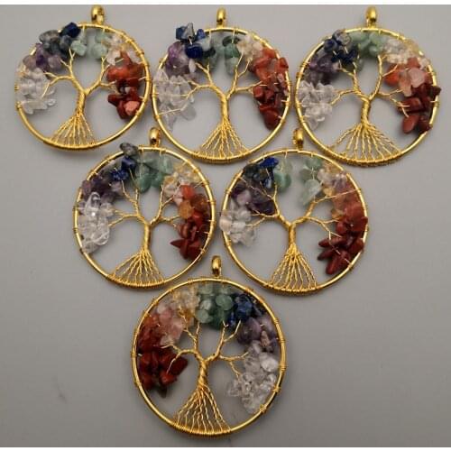 Fashion Gold colour Tree of Life 50MM 30MM 12pcs/lot Wisdom Tree Chakra Reiki Healing Natural Stone Pendant for Jewelry making