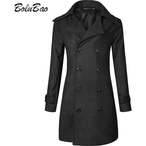 BOLUBAO New Autumn Solid Trench Coat Men Double-Breasted Mid-Length Men Casual Jacket British Style Wool Blend Male