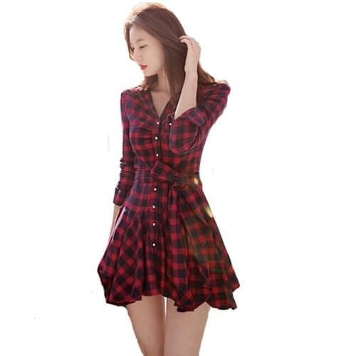 2018 shirt-style dress Spring and Autumn new Korean Women short paragraph Slim thin red plaid long-sleeved dress