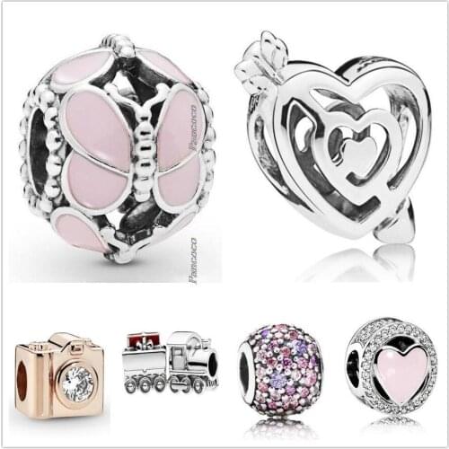 Original 925 Sterling Silver Pink Enamel Vintage Openwork Butterfly Charm Beads Fit Pandora Bracelet & Necklace Jewelry
