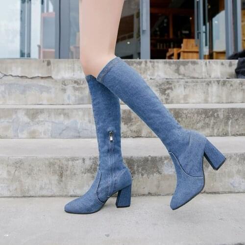Sexy Jean Boots Womens Long Tube Short Boot Winter High Heels Denim Boot 2020 Ladies Stylish Jeans Botas Mujer Shoes Cowboy