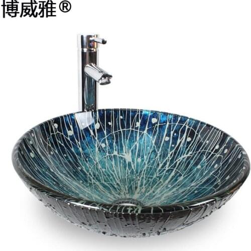 Sanitary ware Blue hand-painted glass art basin wash basin combination cabinet bathroom above counter basin basin
