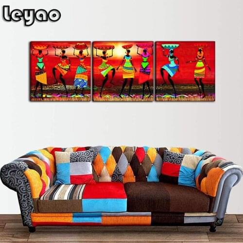 Tribal African American Diamond Painting Art Traditional Sunrise Dancing African Black Girl Woman Triptych Diamond Embroidery