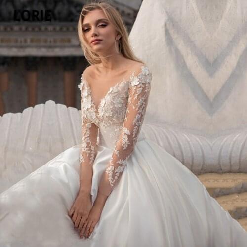 LORIE Boho Wedding Dresses Long Sleeves Scoop A-Line Satin Wedding Gown Vintage White Ivory Custom Made Luxury Bridal Dress 2021