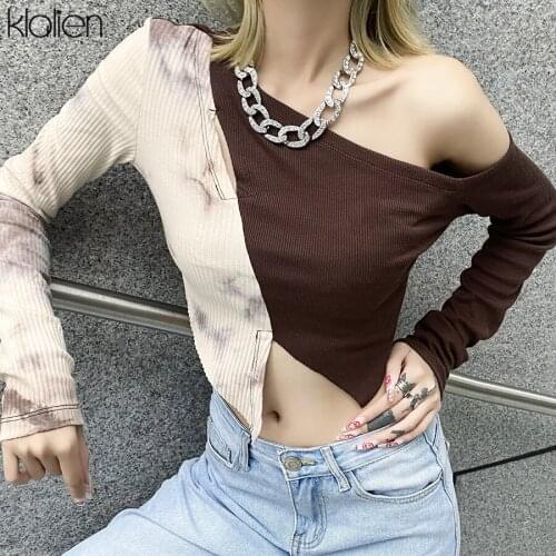 KLALIEN Women Casual One Shoulder Rib Knit Patchwork Long Sleeve T Shirt Autumn 2021 New Fashion Office Lady Streetwear Slim Top
