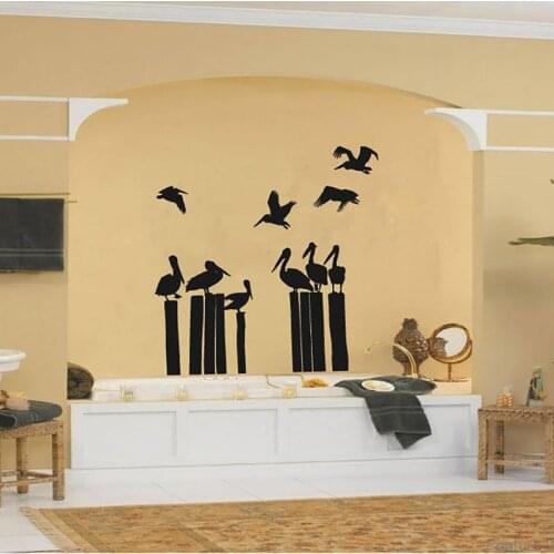 Tropical Pelicans on Sea Posts Wall Sticker Bathroom Washroom Bird Sea Ocean Animal Bird Wall Decal Bedroom Vinyl Decor