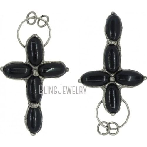 Vintage Silver Plated Fancy Hoop Bail Cross Pendant Onyx Black Agate Stone Pendant PM38052