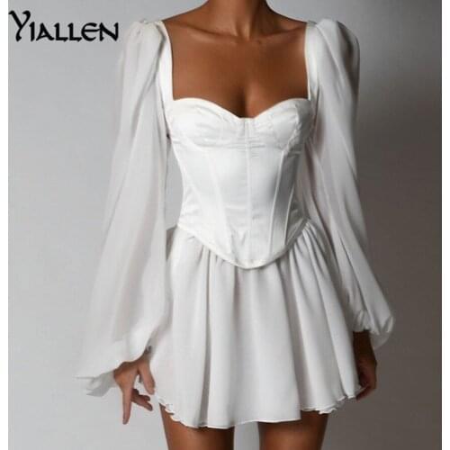 Yiallen Women Fashion Elegant High Waist Slim Solid White Office Lady A-Line Mini Dress Spring Summer New Women Party Dress Hot