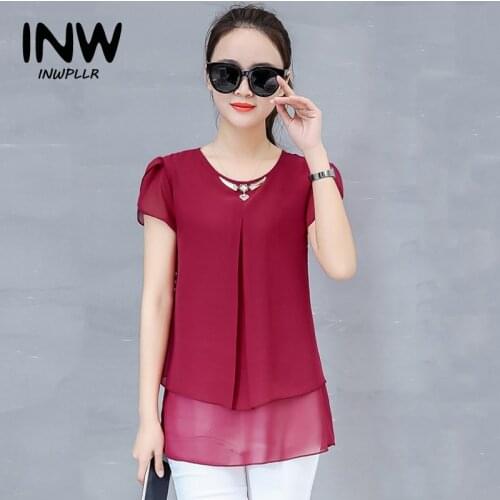 2018 Women Blouses Summer Short Sleeve Chiffon Blouse Plus Size Ladies Shirts Casual Fake Two Pieces Blusas Femininas Tops