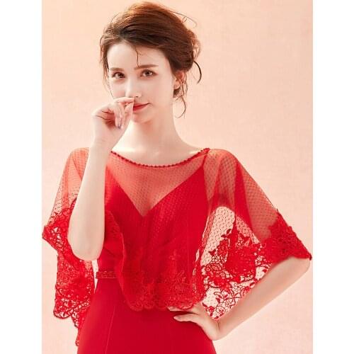 Women Red Wedding Bridal Cape Tulle Beaded O-Neck Lace Edge Cape Elegant Party Accessory for Lady Evening Prom Dress Free Size