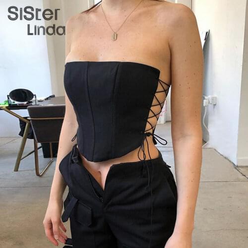 Sisterlinda Off Shoulder Strapless Lace Up Sexy Bustier Corset Tank Tops For Women Black Sleeveless Vest Top Cropped Female Tees