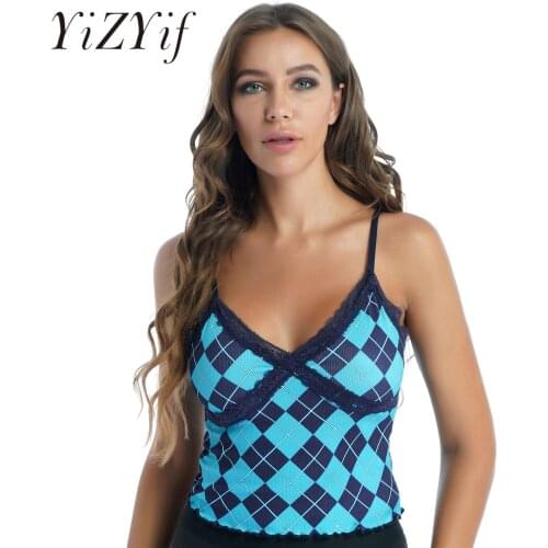 Womens Casual Plaid V Neck Crop Top Lace Trim Slim Fit Sleeveless Vest Camisole Ladies Adjustable Straps Nightclub Costume