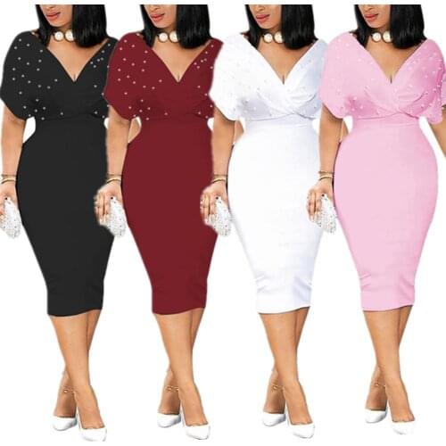 New Fashion Beads Decor V-neck Bat Short Sleeve Women Summer Casual Bodycon Dress Large Size Dresses Sexy Dresses for Women 2021