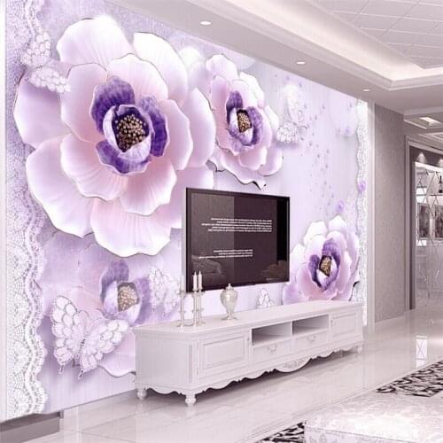 3D embossed romantic purple peony European TV background wall custom wallpaper mural