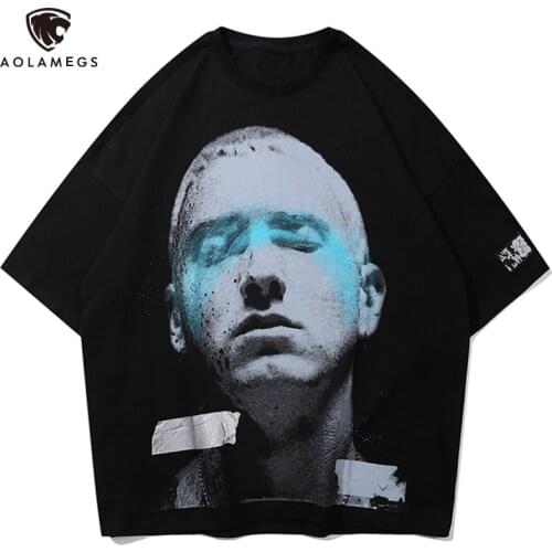 Aolamegs T-shirt Men High Street Boy Portrait Print Tee Tops Summer Casual Cozy Letter Inkjet Harajuku Hip Hop Couple Streetwear