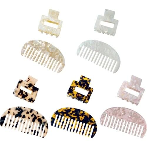 Women 2pcs Sweet Cellulose Acetate Hair Claw Clip with Head Comb Set Leopard Marble Stone Print Geometric Hairpin Barrette F1FF