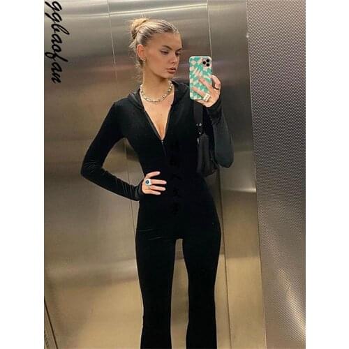 Ggbaofan 2021 Fashion Velvet Hooded Zipper Jumpsuits Women Rompers Club Party One Piece Outfits Casual Fall Overall Clothes