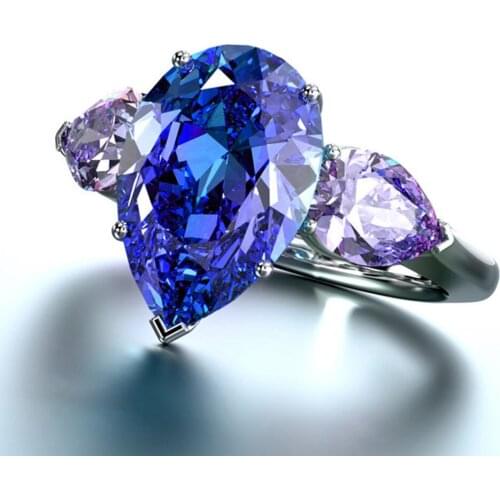 Hot Sale Water Drop Wedding Rings With Blue&Purple Triple Shinny Tear Drop Cubic Zircon Stone Luxury Women Party Finger Jewelry