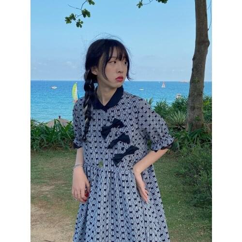 Chinese Dress Grey Bow Qipao Vintage Oblique Placket Doll Collar Cheongsam Dresses Sweet Lace Stitching Skirt Woman