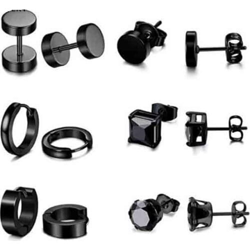 Classic Stainless Steel Piercing Earring Black Color Round Square Shaped Zircon For Women Punk Barbell Ear Jewelry 6 Pairs