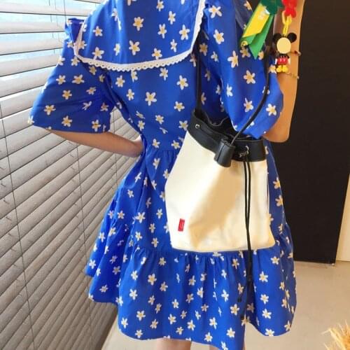 Korea Chic Retro Pointed Collar Lace Stitching Loose Small Floral Lotus Leaf Puff Sleeve Dress Women