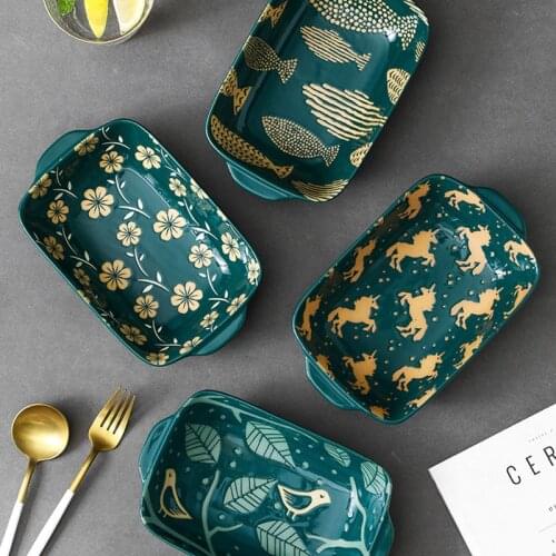 Nordic Creative Ceramic Bakeware Microwave Oven Double Ear Plate Hotel Service Tray Table Decoration Kitchen Storage Supplies