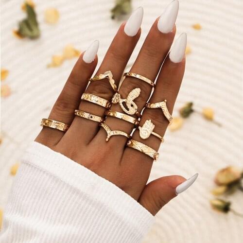 11 Pcs/Set Women Rings Set Retro V-shaped Carved Palm Snake Geometric Knuckle Gold Ring Simple Wedding Party Female Jewelry