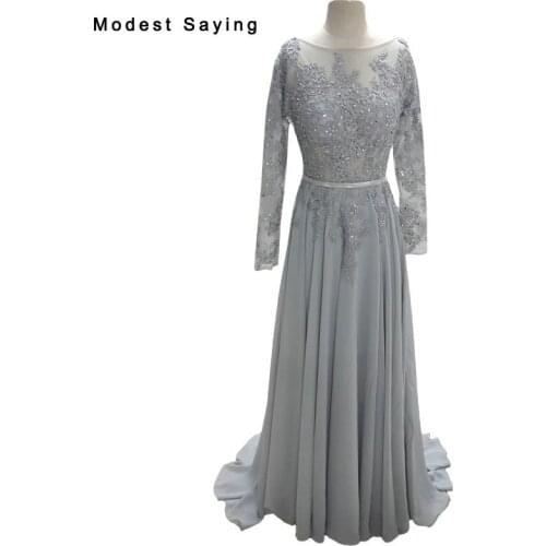 Real Sexy Backless Grey A Line Beaded Lace Long Sleeve Evening Dresses 2017 Formal Women Party Prom Gowns vestido de festa SE58