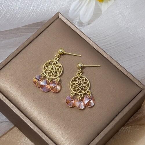 New Design Crystal Hollow Dream Catcher Pendant Earrings For Women Girls Fashion Geometric Charms Stud Ear Jewelry Party Gifts