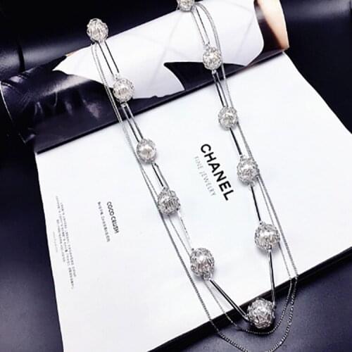 Korean Fashion Sweater Chain Necklace for Woman Multi-Layer Crystal Ball Necklaces Charm Anniversary Jewelry