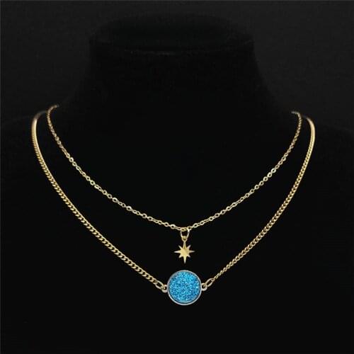 2PCS Blue Stainless Steel Natural Stone Layer Necklaces Gold Color Star Necklaces Chain Jewelry collier pierre naturelle NS04